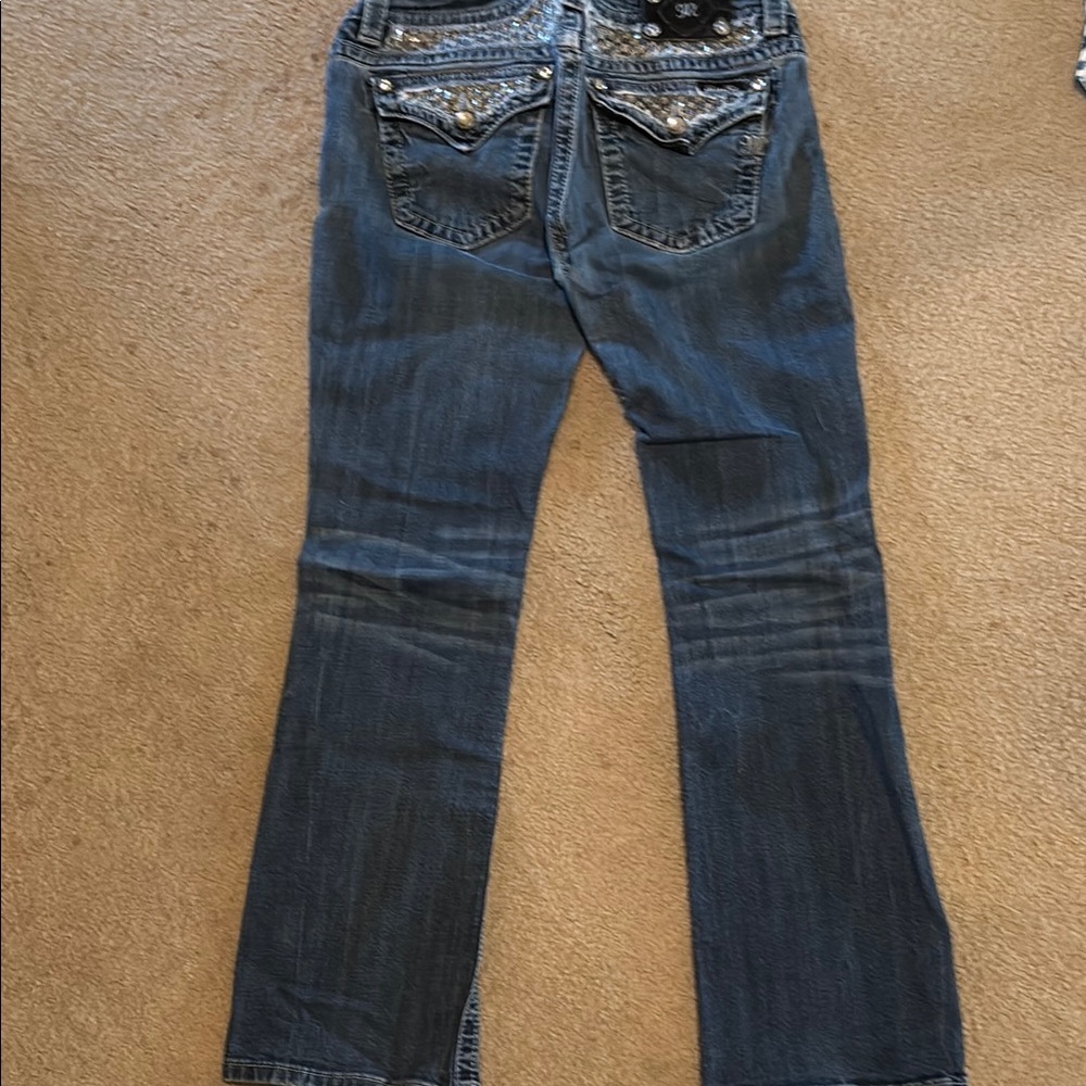 Miss Me Blue Flare Wide Leg Jeans with Vintage Charm - Picture 4 of 5